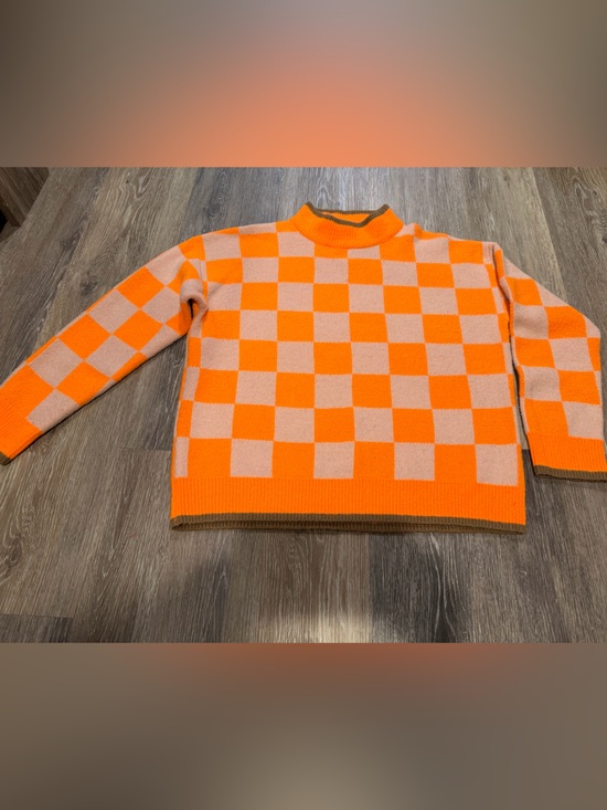 THML Sweaters - THML Orange and Beige Checkerboard Crewneck Sweater